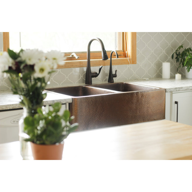Adams Antique Copper Double Bowl Farmhouse Kitchen Sink