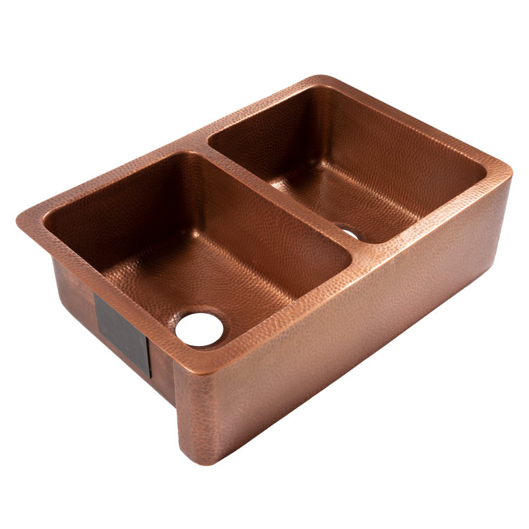 Adams Antique Copper Double Bowl Farmhouse Kitchen Sink