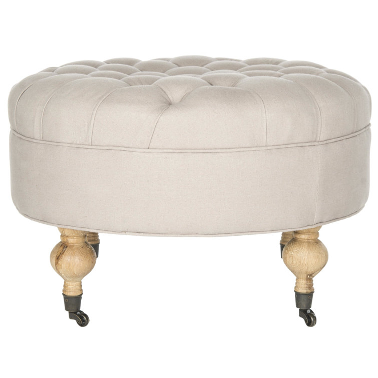 Transitional Tufted Beige Linen Round Ottoman with Casters