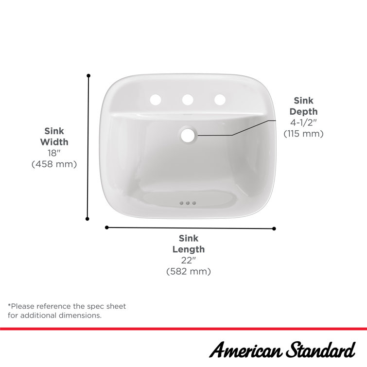White Ceramic 22" Rectangular Bathroom Sink with Faucet Holes