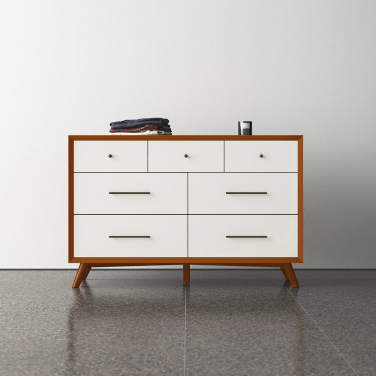 Acorn and White Mid-Century Modern 7-Drawer Dresser