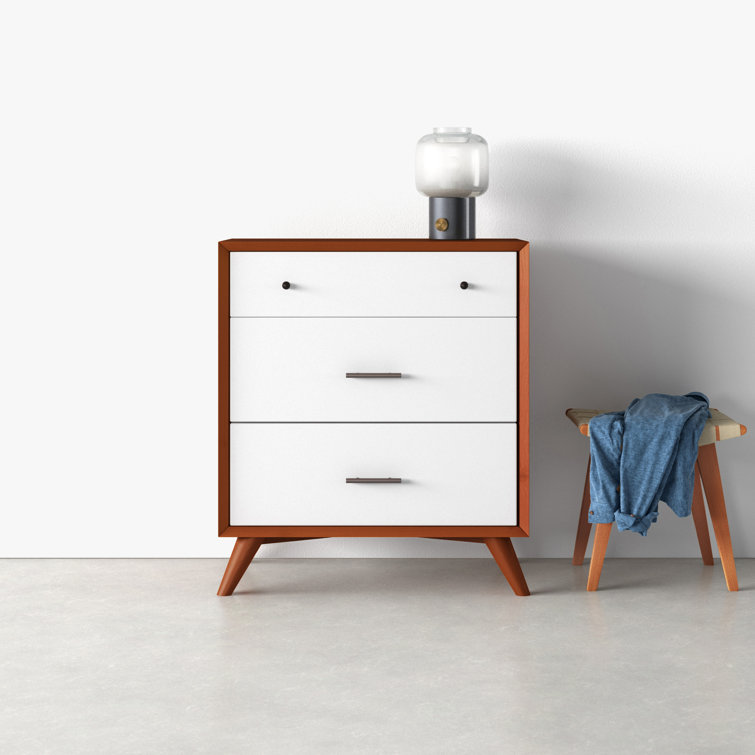 Mid-Century Modern Brown and White 32'' Solid Wood Chest with 3 Drawers
