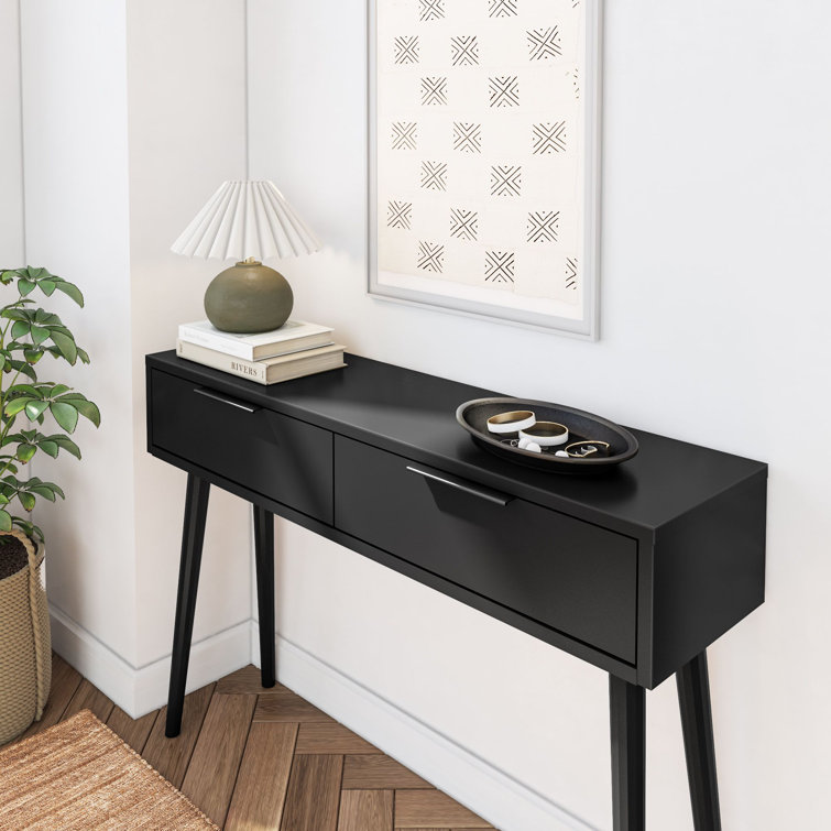 Black Solid Wood Mid Century Modern Console Table with Storage