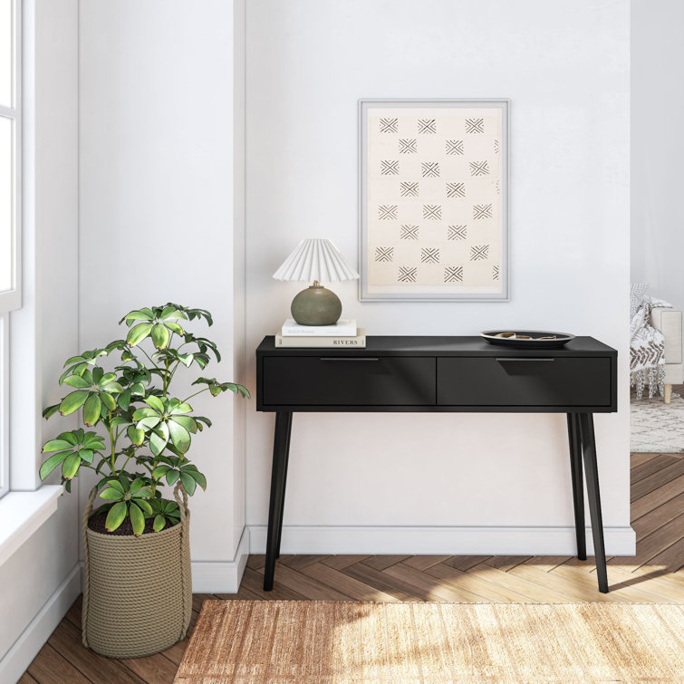 Black Solid Wood Mid Century Modern Console Table with Storage
