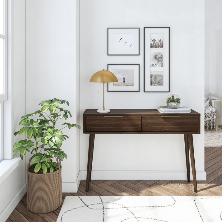 Walnut Mid Century Modern Console Table with Storage Shelves