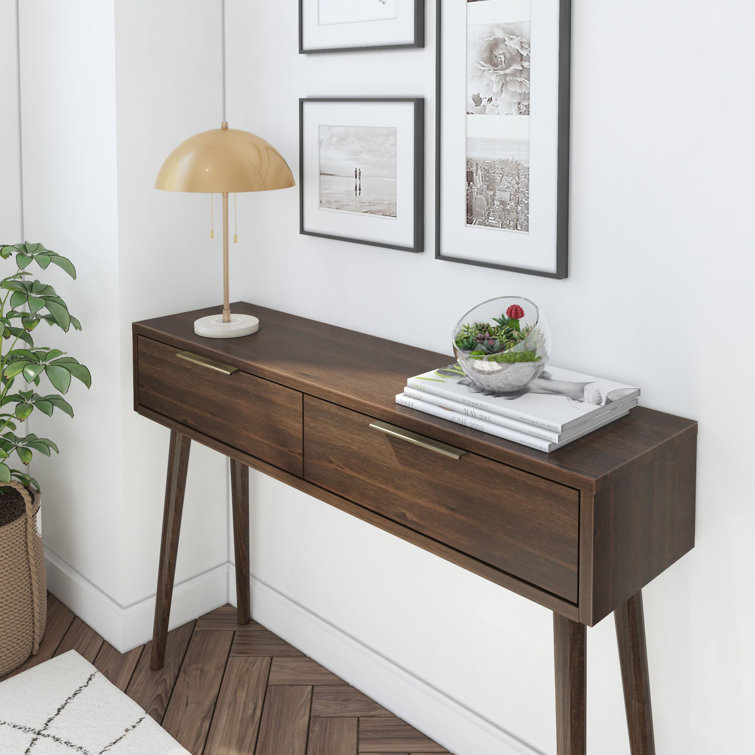 Walnut Mid Century Modern Console Table with Storage Shelves