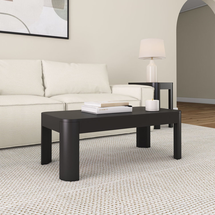 Modern Black Solid Wood Rectangular Coffee Table with Rounded Edges