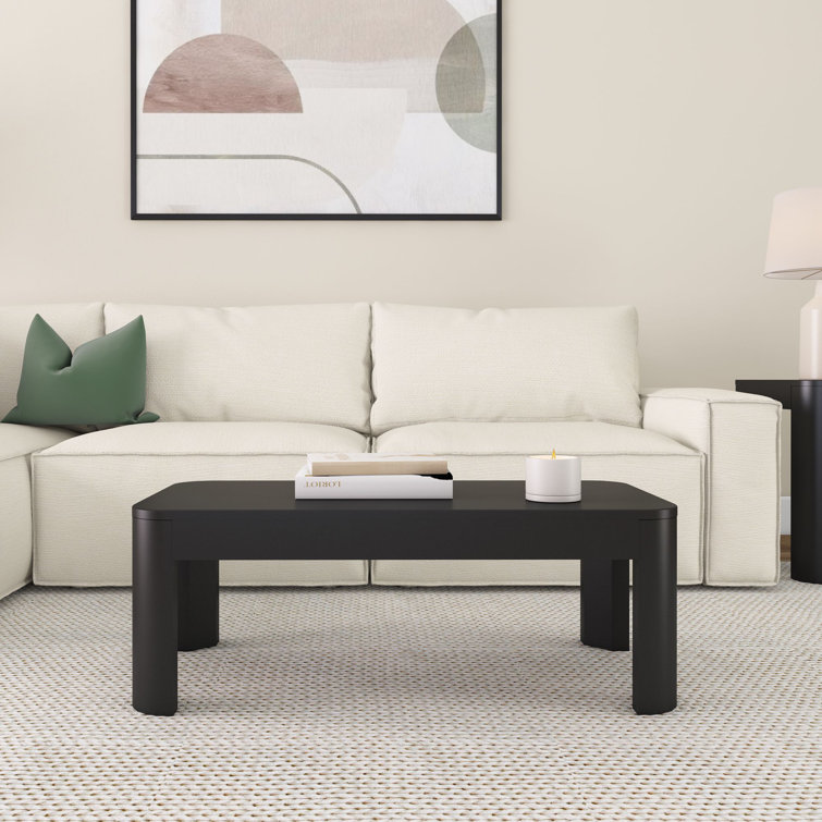 Modern Black Solid Wood Rectangular Coffee Table with Rounded Edges