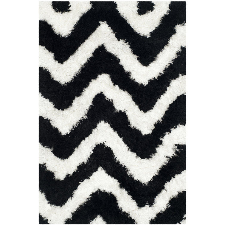 Ivory and Black Chevron Shag Hand-Tufted Wool Rug, 3' x 5'
