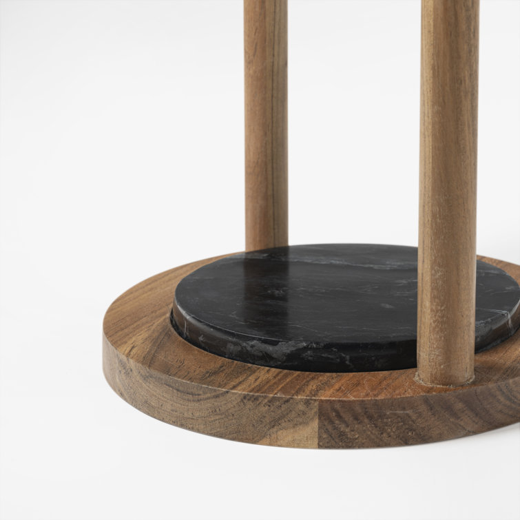 Black Marble and Wood Round End Table with Storage Shelf