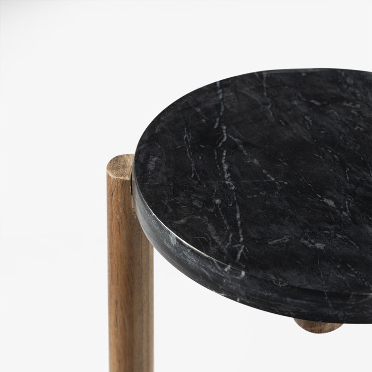 Black Marble and Wood Round End Table with Storage Shelf