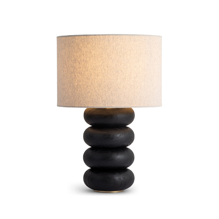Black Solid Oak Table Lamp with Natural Linen Shade
