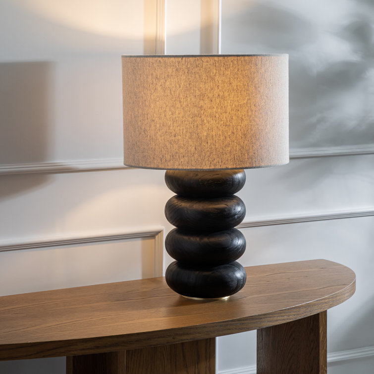 Black Solid Oak Table Lamp with Natural Linen Shade
