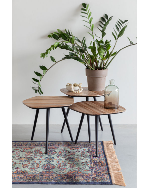 Natural Teak and Black Iron Nesting Coffee Table Set