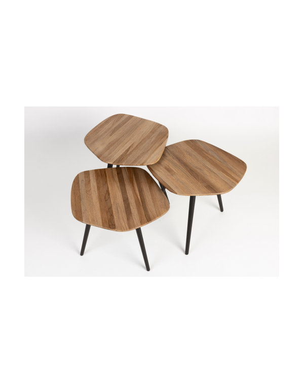 Natural Teak and Black Iron Nesting Coffee Table Set