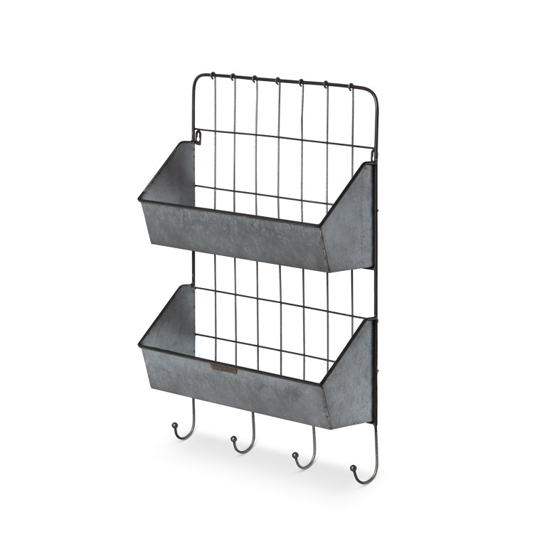 Gray Metal 4-Hook Wall-Mounted Coat Rack with Storage Bins