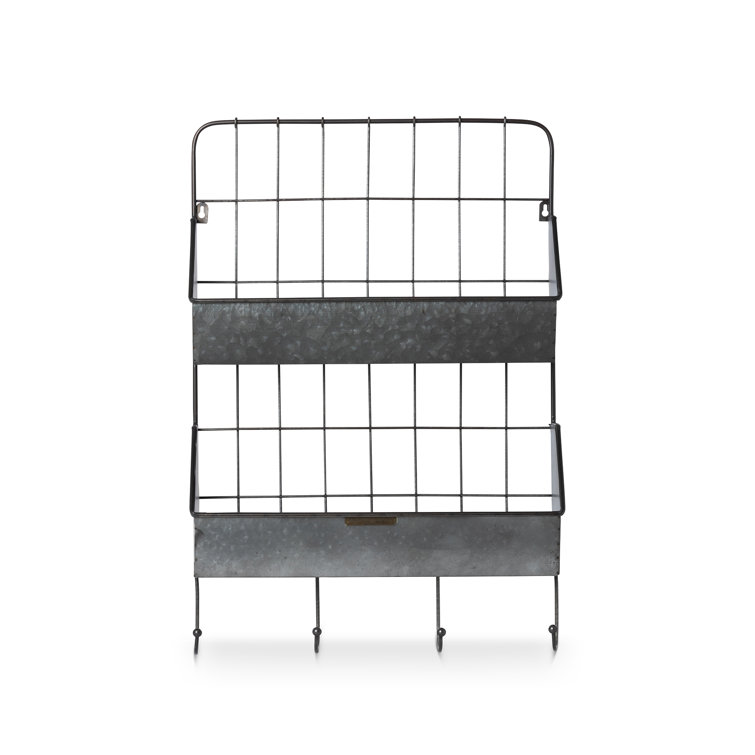 Gray Metal 4-Hook Wall-Mounted Coat Rack with Storage Bins