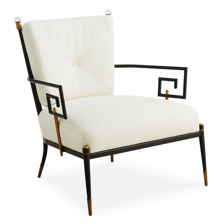 White Linen Upholstered Armchair with Blackened Metal Frame
