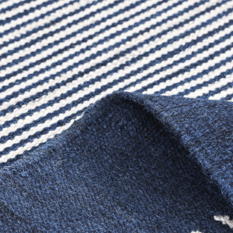 Hand-Woven Striped Navy Wool 8' x 10' Flatweave Area Rug