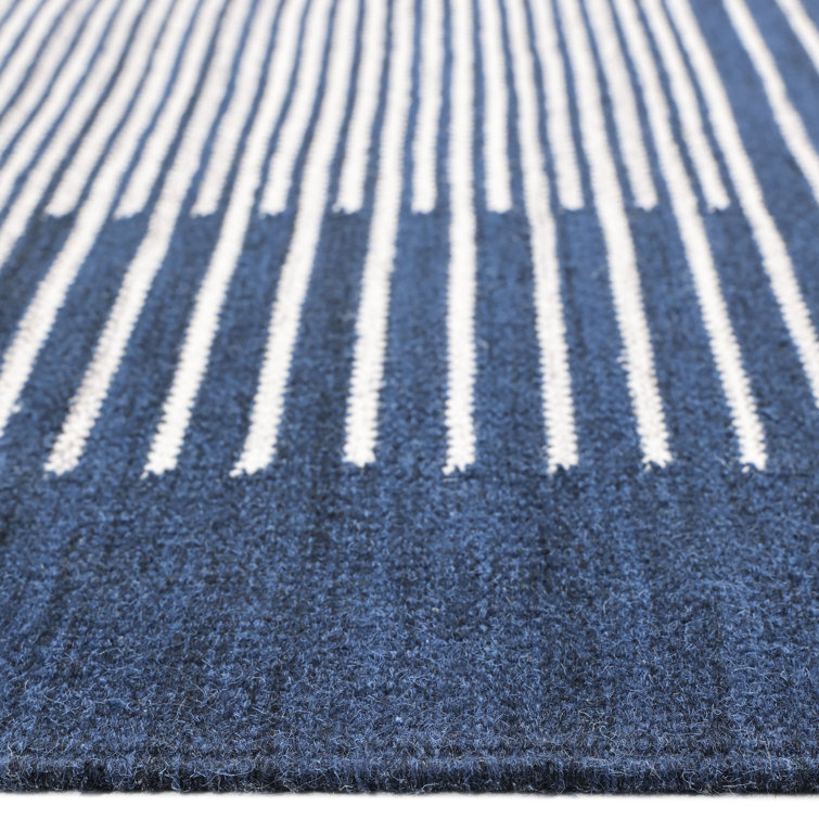 Hand-Woven Striped Navy Wool 8' x 10' Flatweave Area Rug