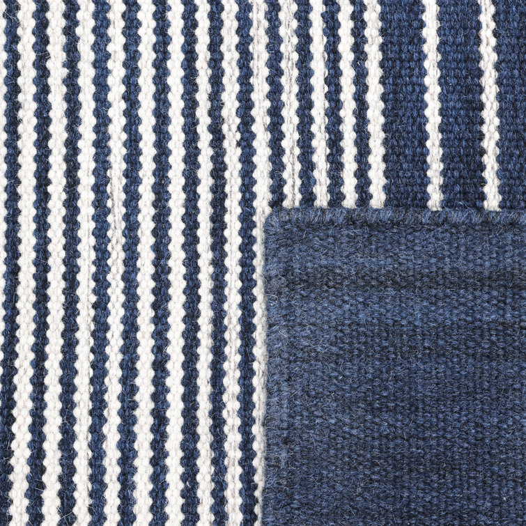 Hand-Woven Striped Navy Wool 8' x 10' Flatweave Area Rug