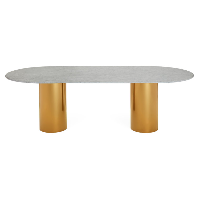 Oval White Marble Top Dining Table with Gold Pedestal Base