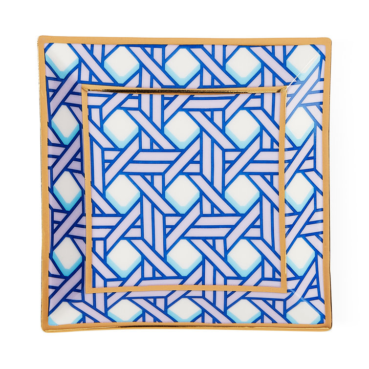 Square Blue and Lavender Porcelain Decorative Tray with Gold Accents