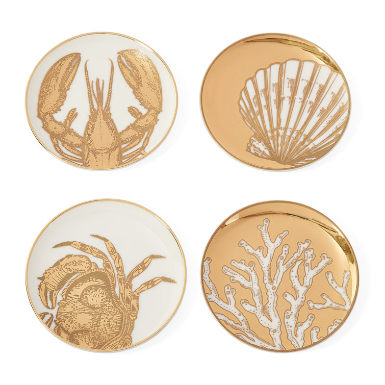 Maritime Gold and White Ceramic Coaster Set, 4 Pieces