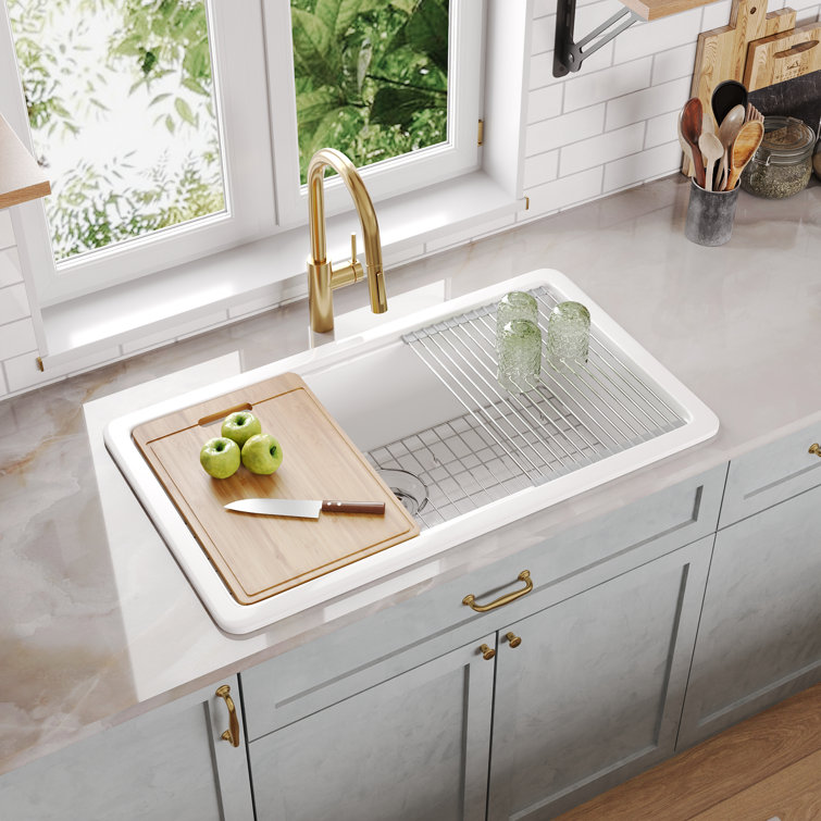 White Fireclay Farmhouse Drop-In Kitchen Sink with Accessories
