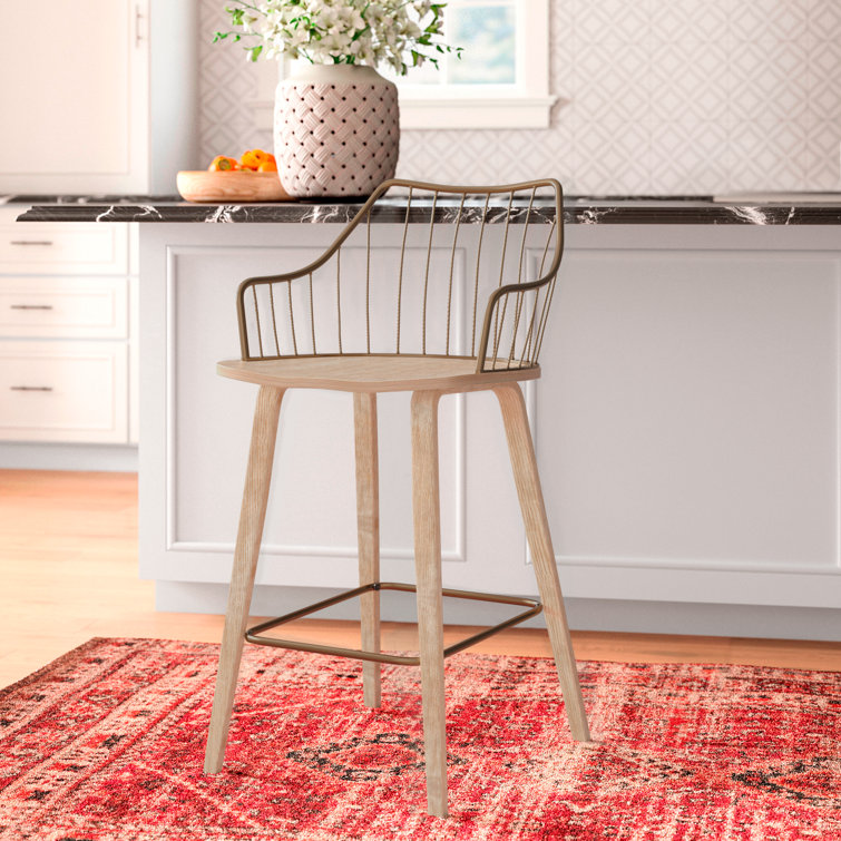 Beige Transitional Wood and Metal Swivel Counter Stool