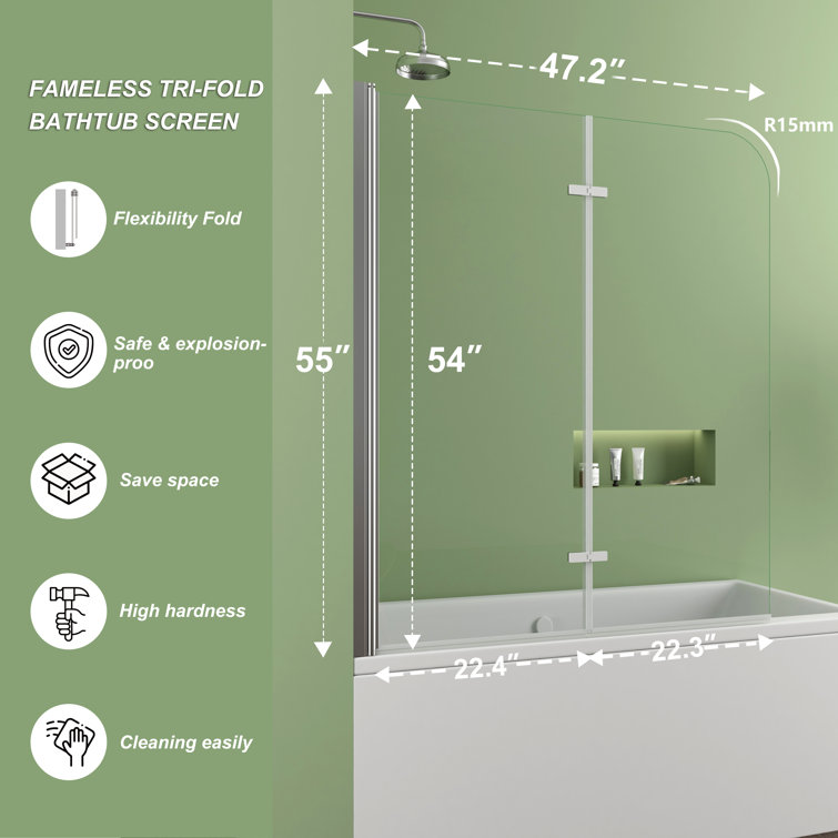47" x 55" Frameless Clear Glass Tub Door with Silver Hardware
