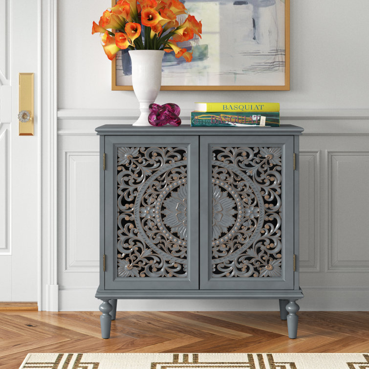 Gray Floral Carved 32" Tall Accent Cabinet with Solid Wood Legs
