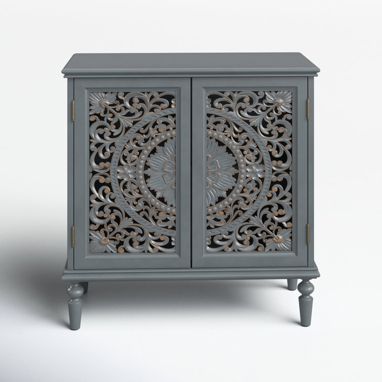 Gray Floral Carved 32" Tall Accent Cabinet with Solid Wood Legs