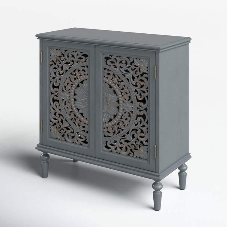 Gray Floral Carved 32" Tall Accent Cabinet with Solid Wood Legs