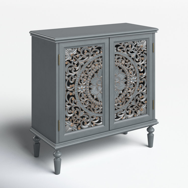 Gray Floral Carved 32" Tall Accent Cabinet with Solid Wood Legs