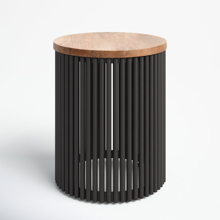 Natural Wood and Black Metal Round Accent Table