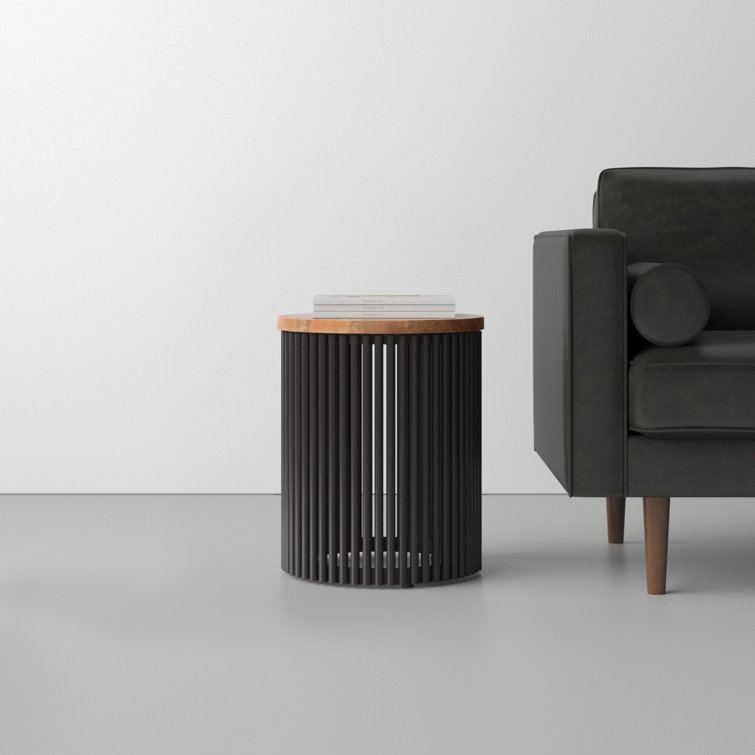Natural Wood and Black Metal Round Accent Table