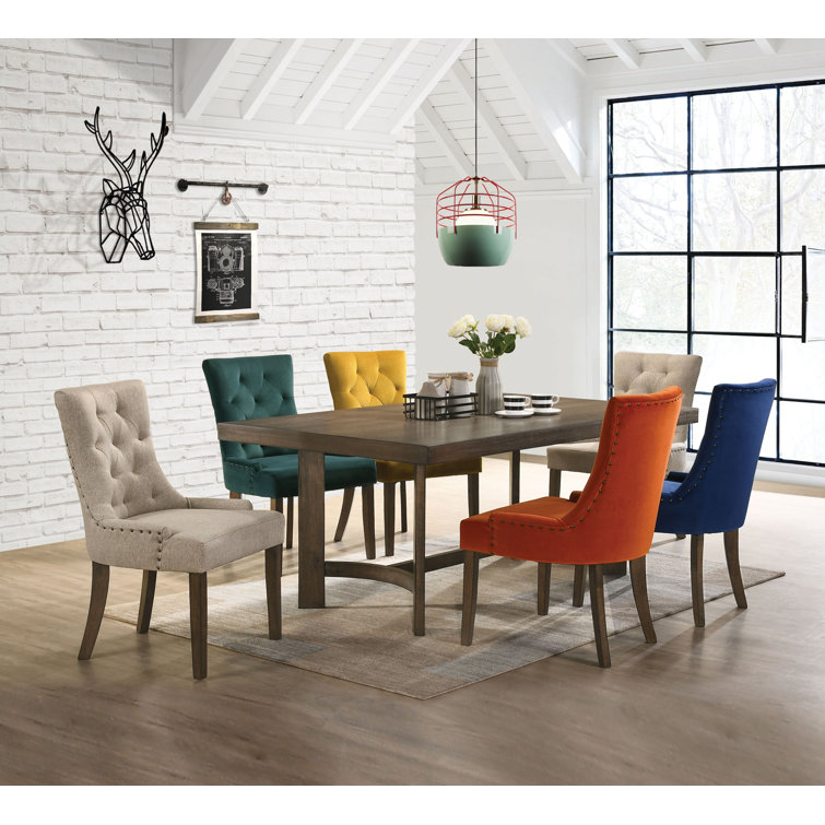 Beige Velvet Tufted Parsons Side Chair with Dark Brown Wood Legs