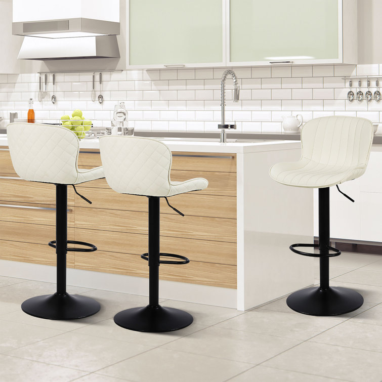 Cream Faux Leather Adjustable Swivel Bar Stools with Metal Base