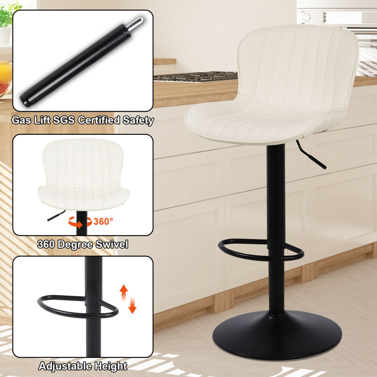 Cream Faux Leather Adjustable Swivel Bar Stools with Metal Base