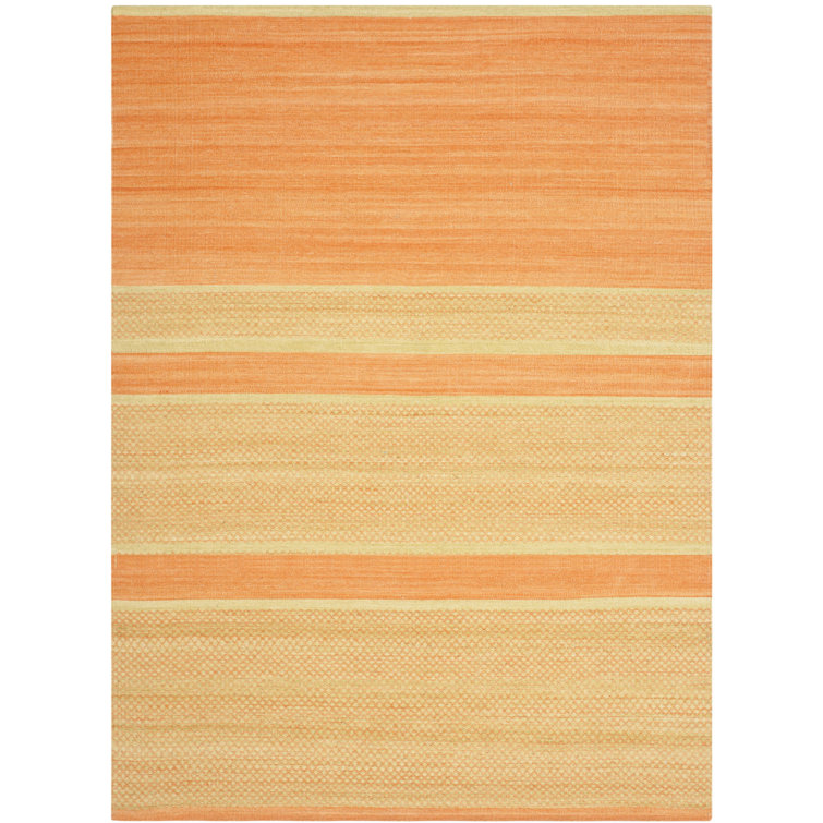 Handmade Orange and Lime Wool Flat Woven Rug, 4' x 6'