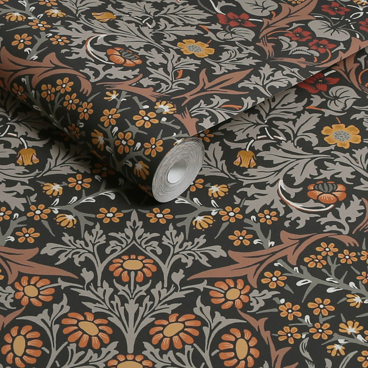 William Morris Charcoal and Burnt Orange Floral Vinyl Wallpaper Roll