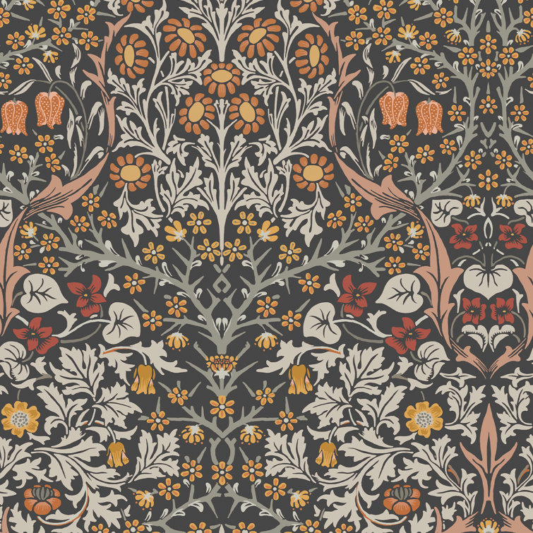 William Morris Charcoal and Burnt Orange Floral Vinyl Wallpaper Roll