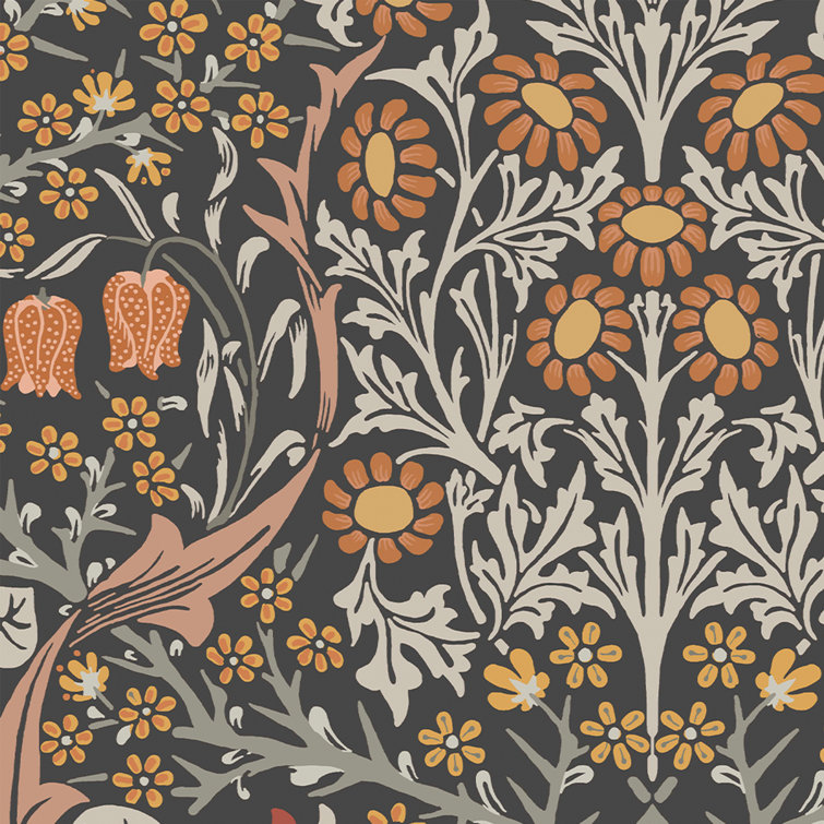 William Morris Charcoal and Burnt Orange Floral Vinyl Wallpaper Roll