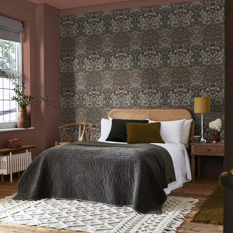 William Morris Charcoal and Burnt Orange Floral Vinyl Wallpaper Roll