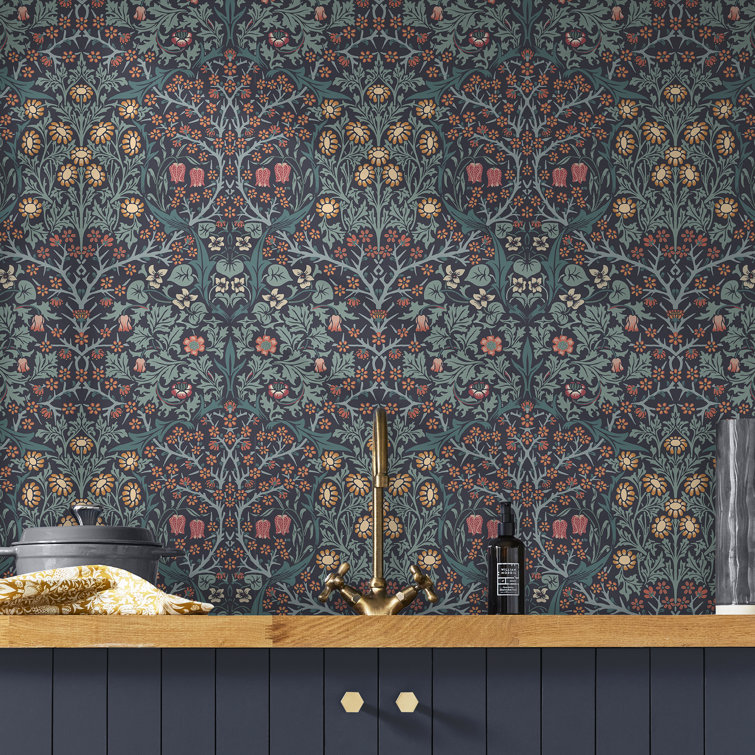 William Morris Navy Floral Vinyl Wallpaper Double Roll