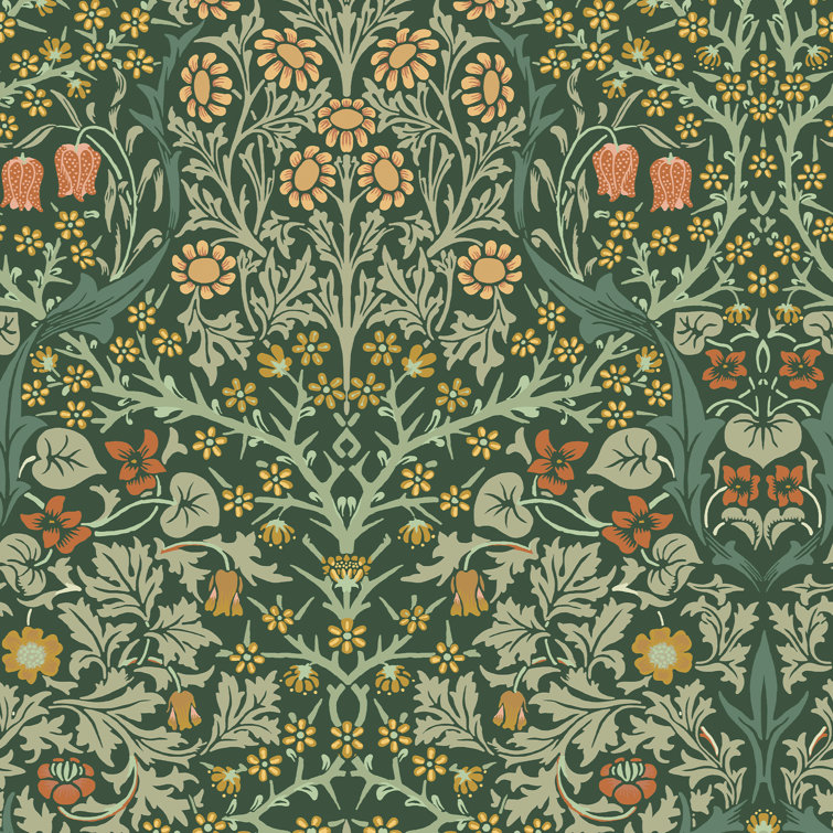 William Morris Deep Green Floral Vinyl Wallpaper Double Roll