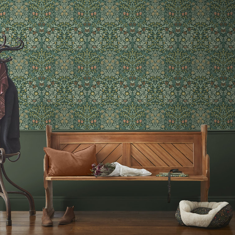 William Morris Deep Green Floral Vinyl Wallpaper Double Roll