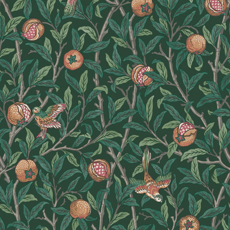 Deep Green Bird and Pomegranate Wallpaper Roll