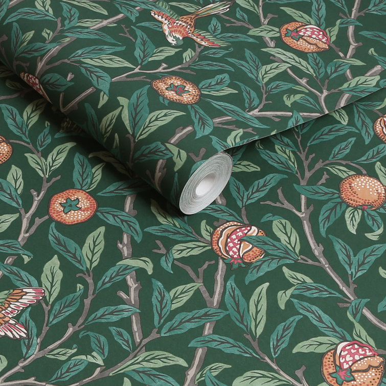 Deep Green Bird and Pomegranate Wallpaper Roll